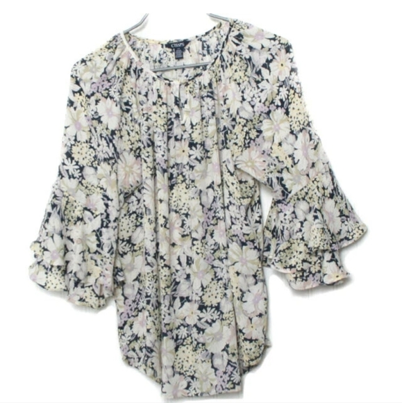 Chaps Ralph Lauren Cream & Blue Ruffled Bell Sleeve Blouse Small/Medium NWT - Picture 2 of 8